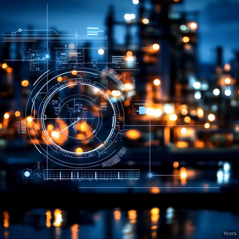 A futuristic cityscape at night, featuring a large circular display surrounded by wires and cables, with an industrial facility in the background.