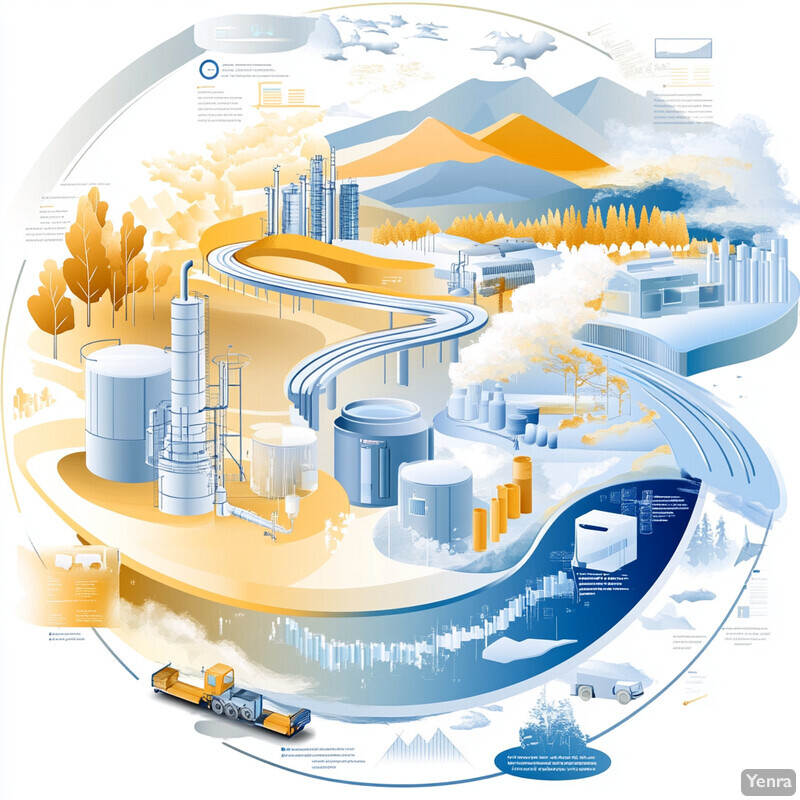 Life-Cycle Analysis of Chemicals and Fluids infographic: Production, transportation, and disposal phases are depicted in a winding road through an industrial landscape.