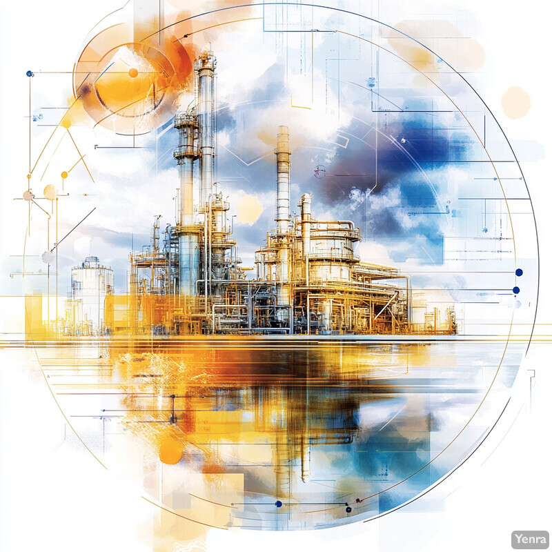 Abstract representation of a chemical plant with various components and processes depicted in a stylized manner.