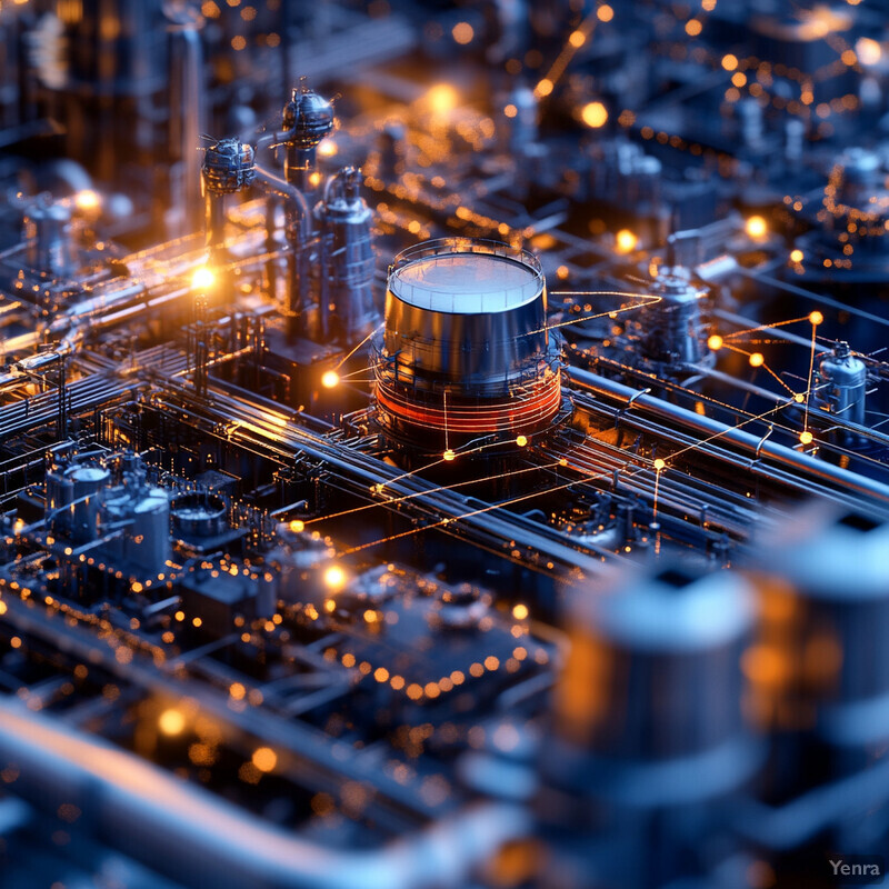 A 3D rendering of an industrial facility with complex machinery and lighting.