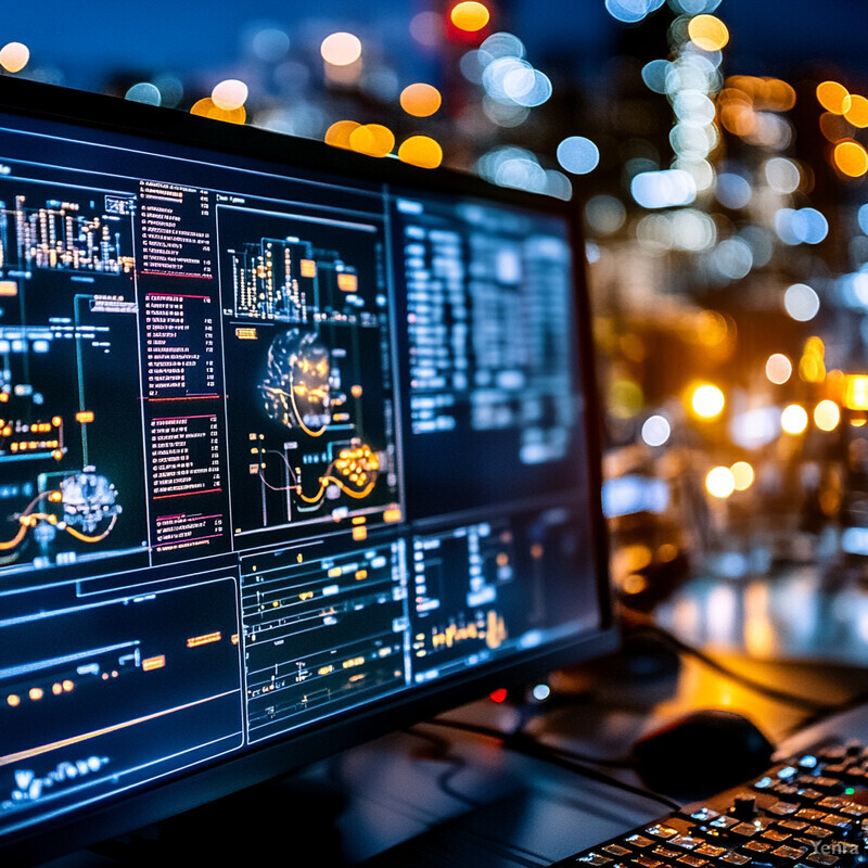 A computer monitor displaying a complex control panel with multiple screens, showing various graphs and charts.