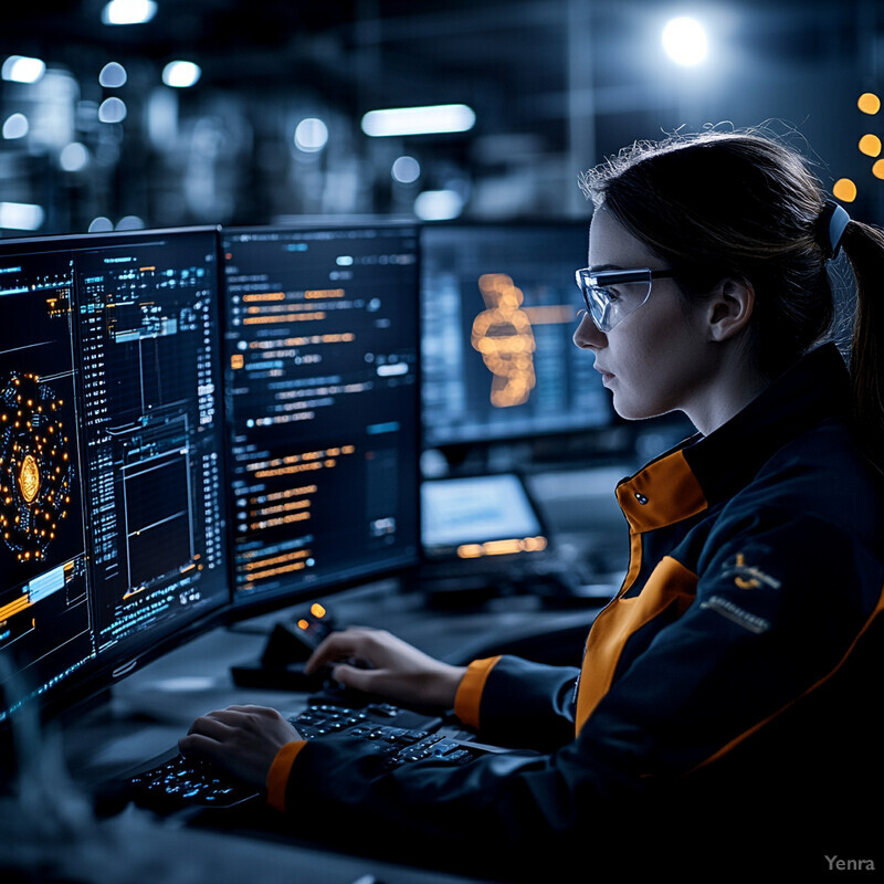 A woman is intently focused on her computer screen in an industrial or manufacturing setting.