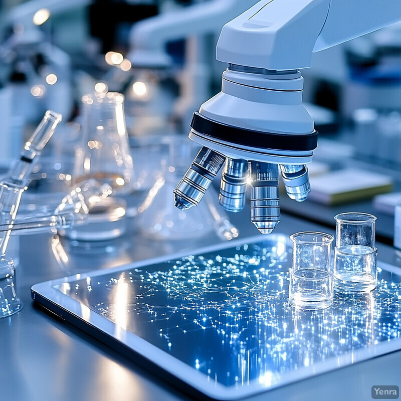 A laboratory setting with a microscope and various scientific equipment.