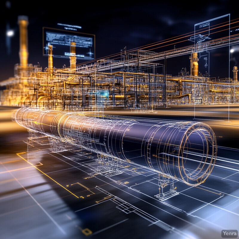 A refinery with gold-colored components and a dark blue background, featuring a large pipe in the foreground.