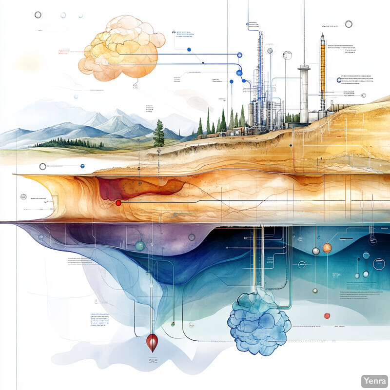 The image illustrates the process of reservoir characterization via geochemistry, with a focus on analyzing the geological structure of an underground reservoir.