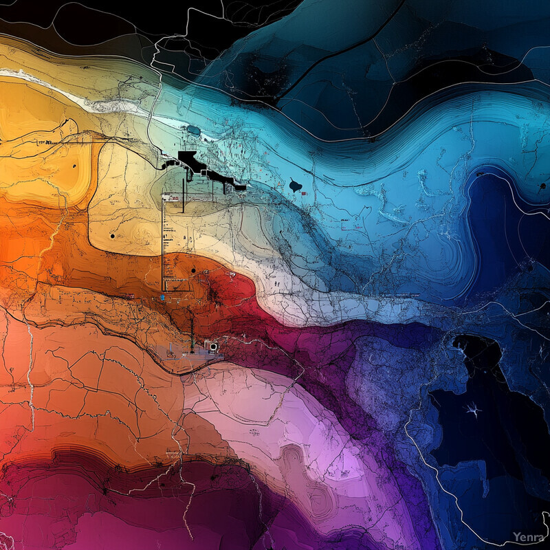 A topographic map of a mountainous region with various colors used to represent different elevations and features, likely created for reservoir characterization via geochemistry.