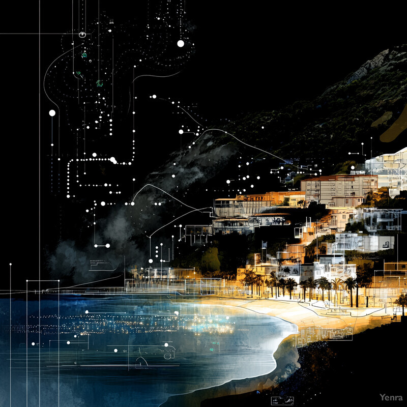 An abstract digital art piece depicting a cityscape at night with a large body of water in front and mountains in the background.