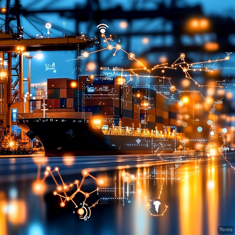 A large cargo ship docked in a busy port, surrounded by cranes and shipping containers.