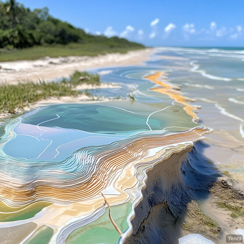 A coastal erosion and sea-level rise modeling scenario featuring a cliff face, waves, beach, and trees.