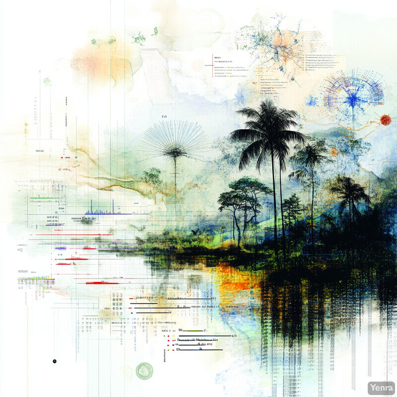 A map or chart illustrating disease vector tracking under climate shifts with palm trees in silhouette against a tropical backdrop.