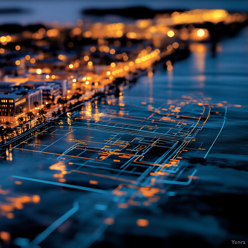 A cityscape with a flood map overlay, illustrating the impact of rising water levels on urban areas.