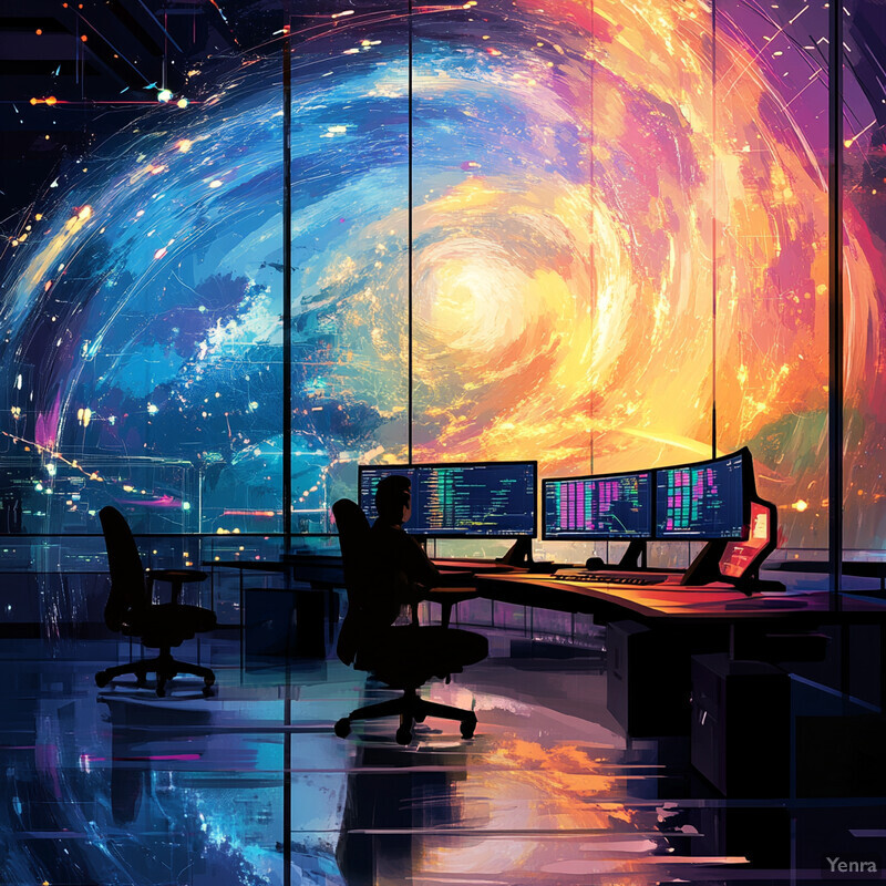 A futuristic room with multiple computer monitors and keyboards displays a swirling vortex of colors, reminiscent of a hurricane or tornado.