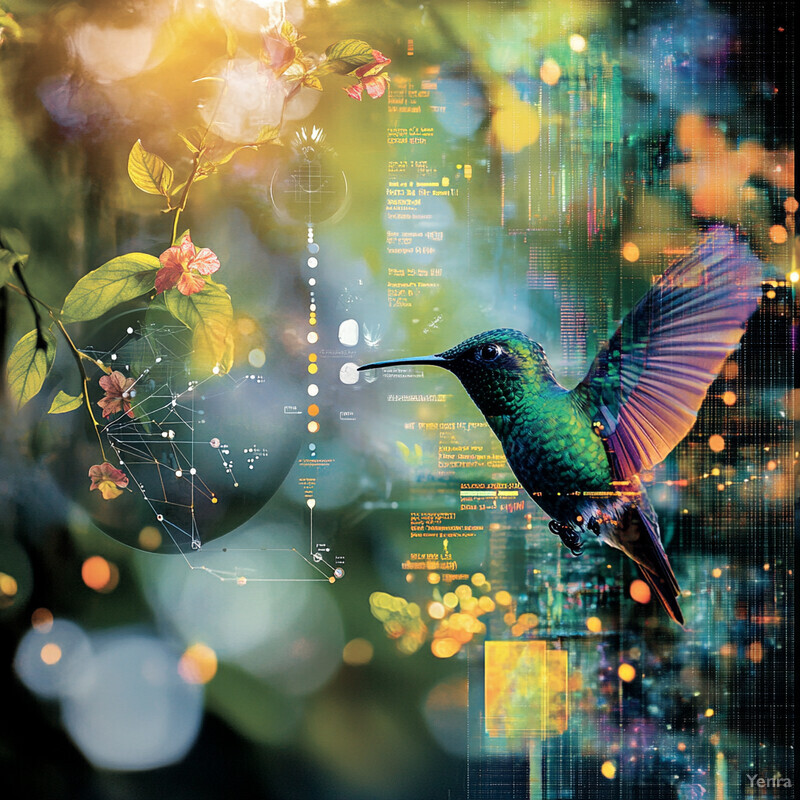 A vibrant image of a hummingbird surrounded by symbols and icons representing ecosystem health and biodiversity monitoring.