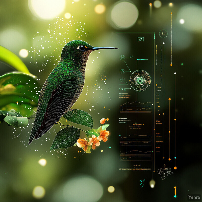 A stunning illustration of a hummingbird on a branch amidst lush greenery, set against intricate graphs and charts.