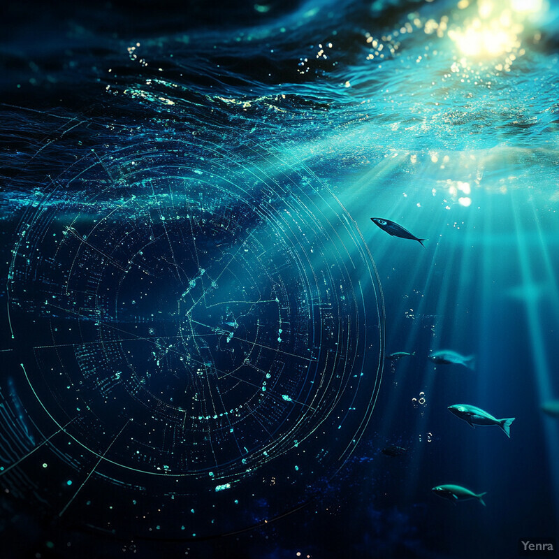 An underwater scene with a large circle and fish swimming around it.