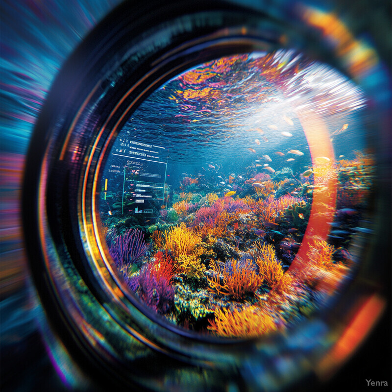 An underwater scene featuring a vibrant coral reef and various fish.