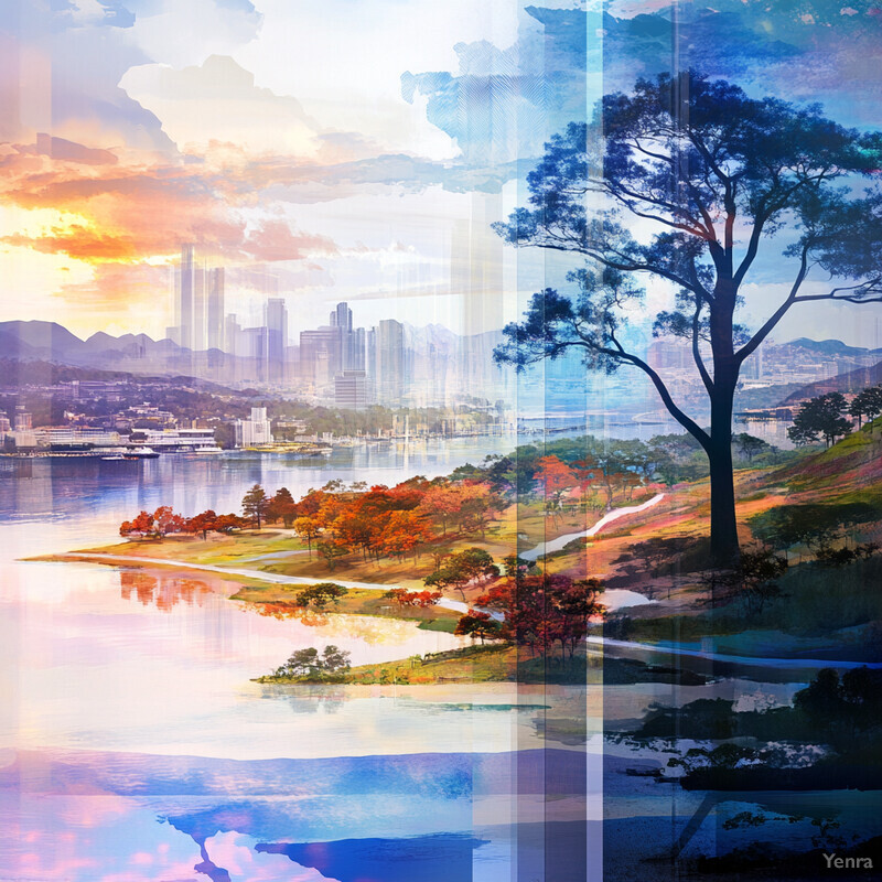 An artist's rendition of a city skyline with a park in front, featuring a large tree on the right side and a body of water on the left.