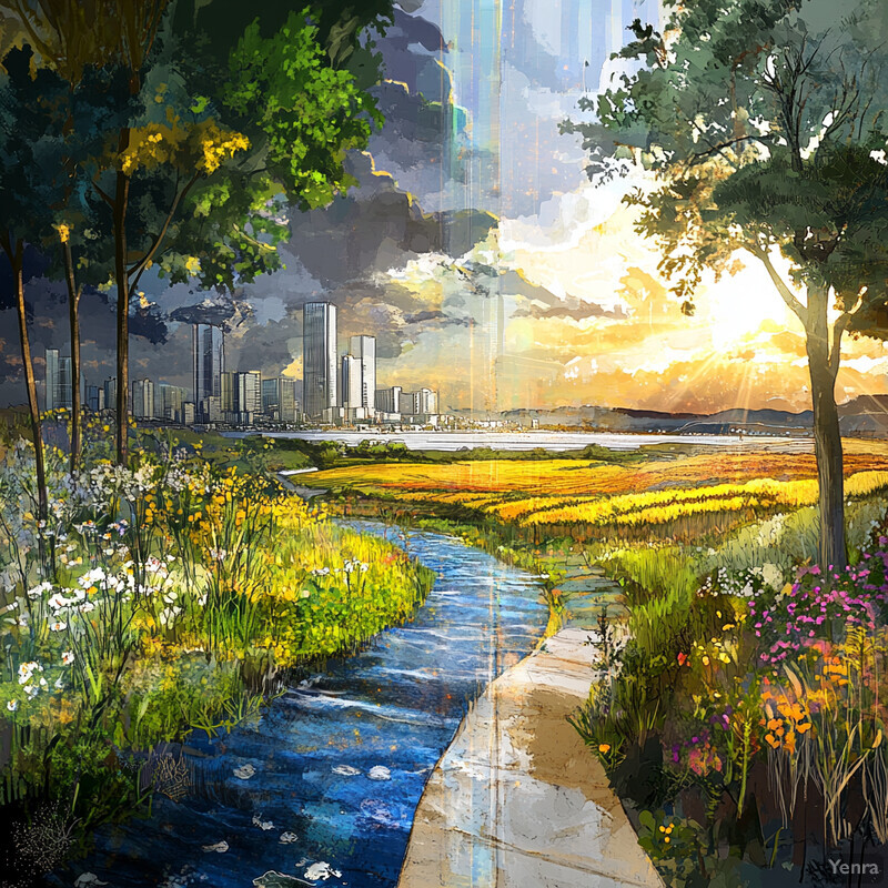 A cityscape with a river running through it, surrounded by trees and flowers.