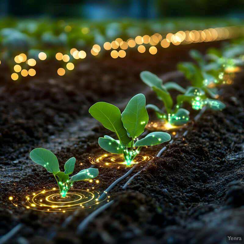 A row of small seedlings in an agricultural field illuminated by glowing orbs.