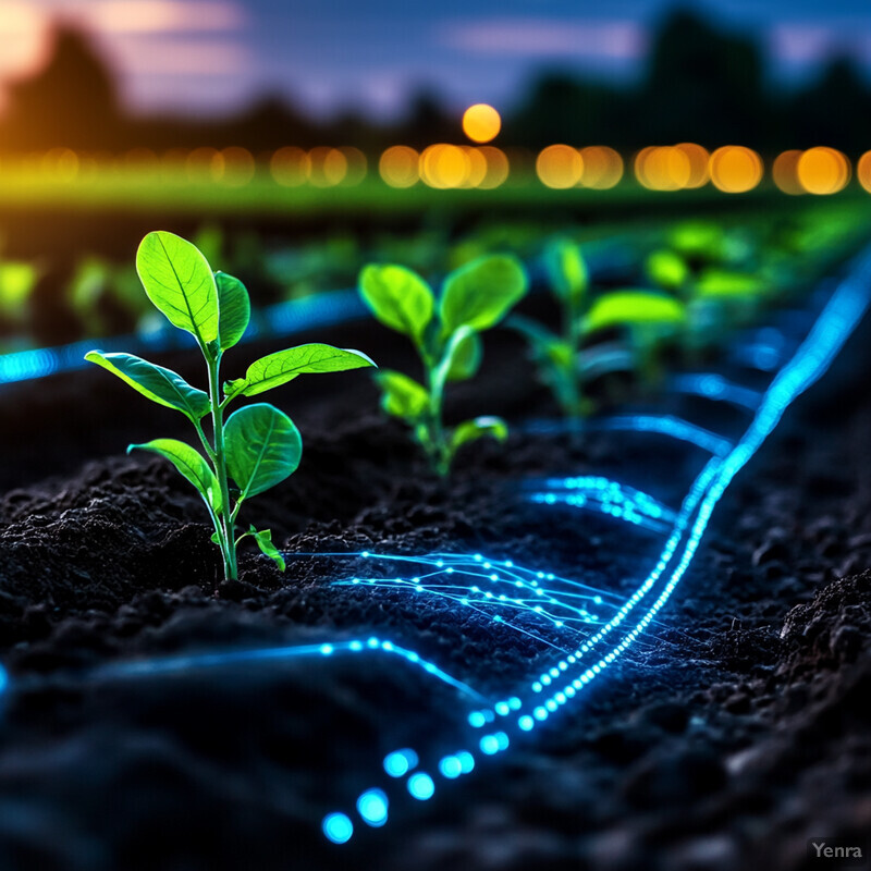 A field of plants illuminated by blue and green light, possibly as part of precision agriculture technology.