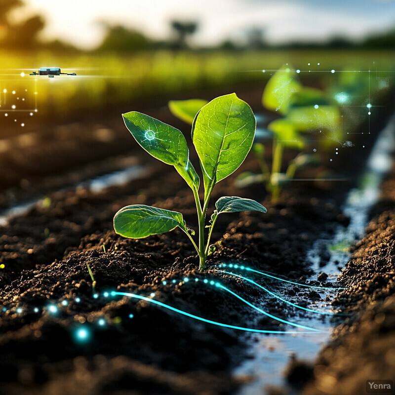 A field of young plants growing in rows with irrigation systems visible.