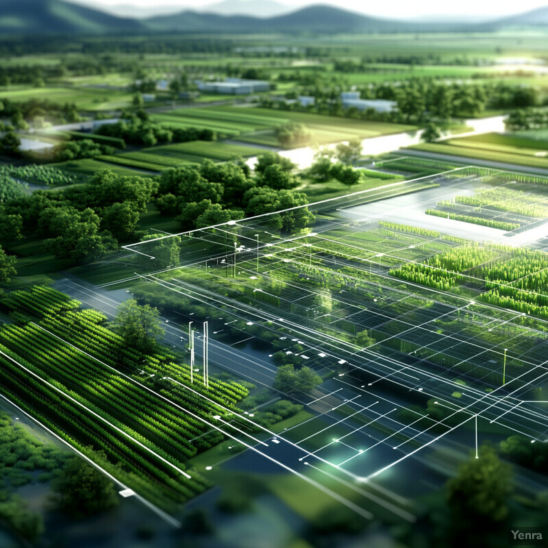 The image showcases a futuristic agricultural landscape where technology and traditional farming practices coexist.