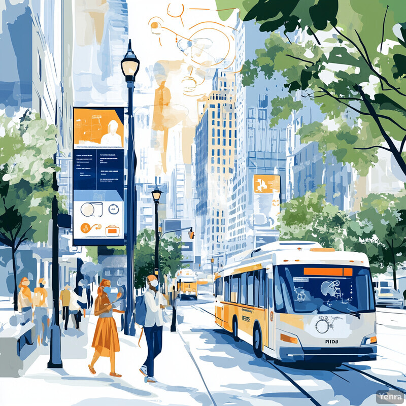 The image showcases a city street with people walking and a bus driving by, highlighting various elements of urban life.