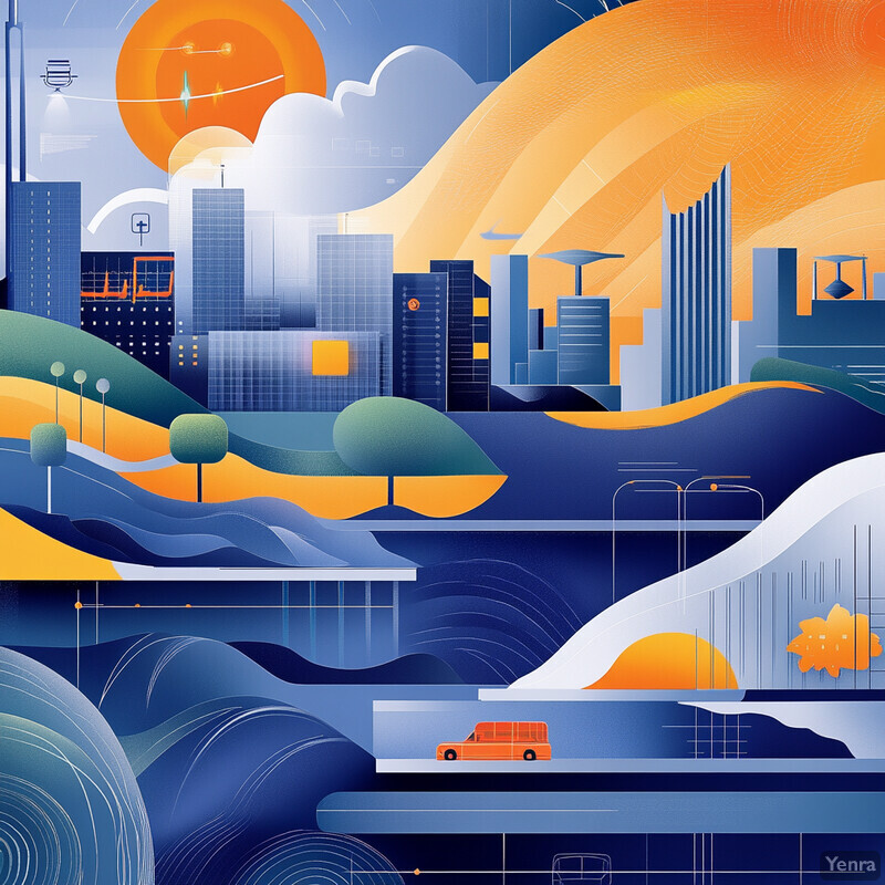 Abstract cityscape with rolling hills and a road leading to a large orange sun in the background.