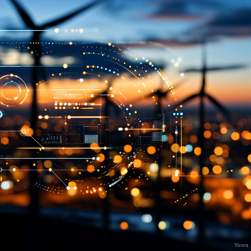 A cityscape at sunset or sunrise with wind turbines in the background.