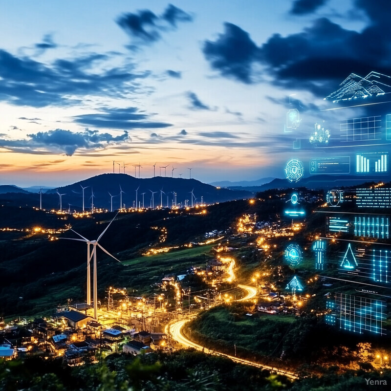 A serene landscape at sunset with a wind turbine and small town in the foreground.