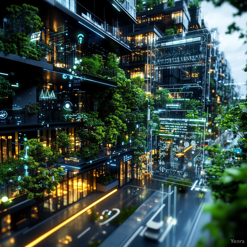 A futuristic cityscape with towering buildings covered in lush greenery and illuminated by neon lights.