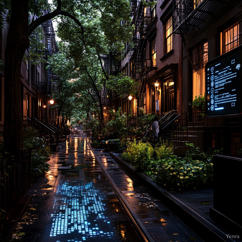 A city street with a row of buildings and trees, featuring a blue-tiled mosaic pattern on the pavement.