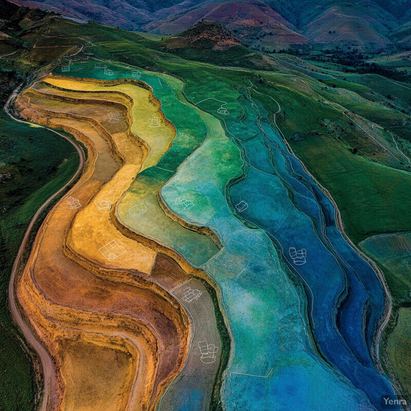 A serene landscape with rolling hills and fields, featuring a winding dirt path and a body of water in the background.