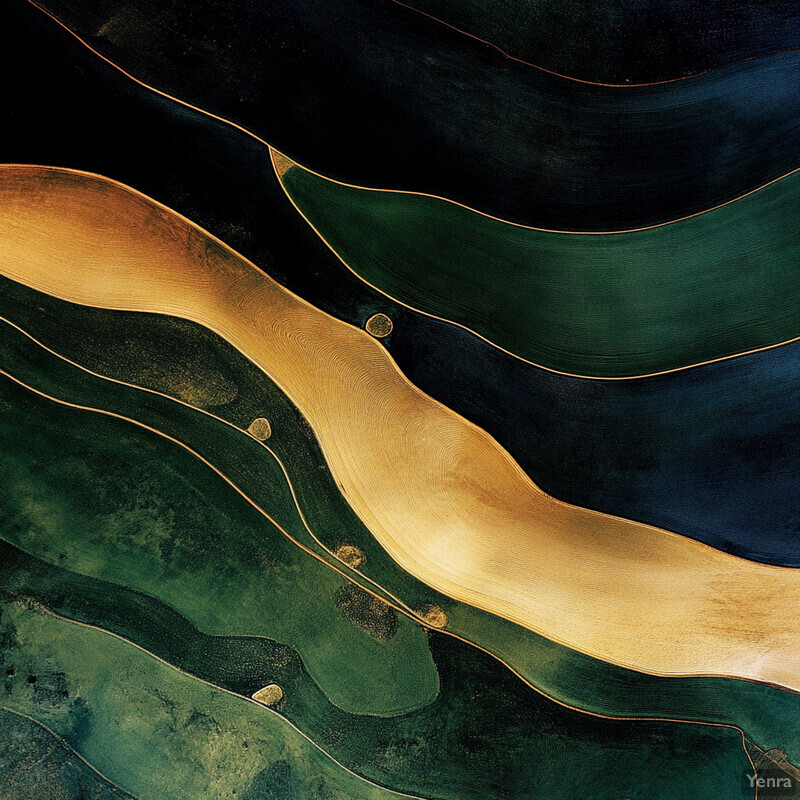 An aerial view of a landscape with trees, buildings, and roads visible on its surface, set against a cloudy sky.