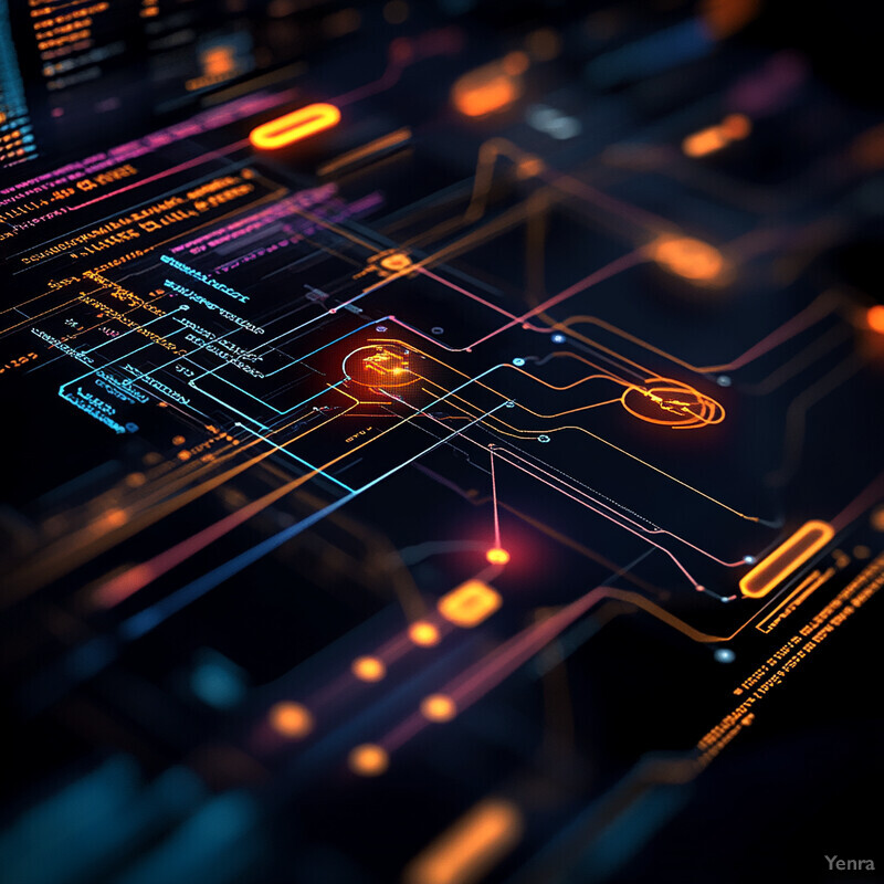 An abstract representation of a circuit board, showcasing various components and wires in different colors.