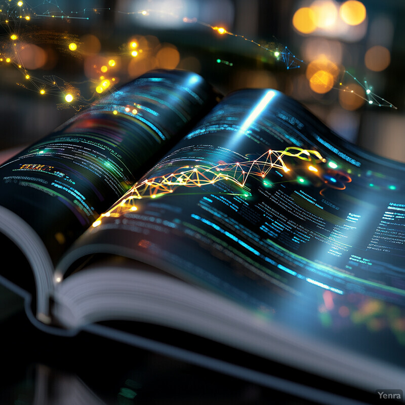 An open book with futuristic code design in various colors.