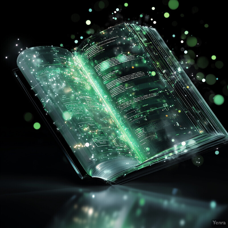 An open book with glowing green pages and text, set against a dark gray background.