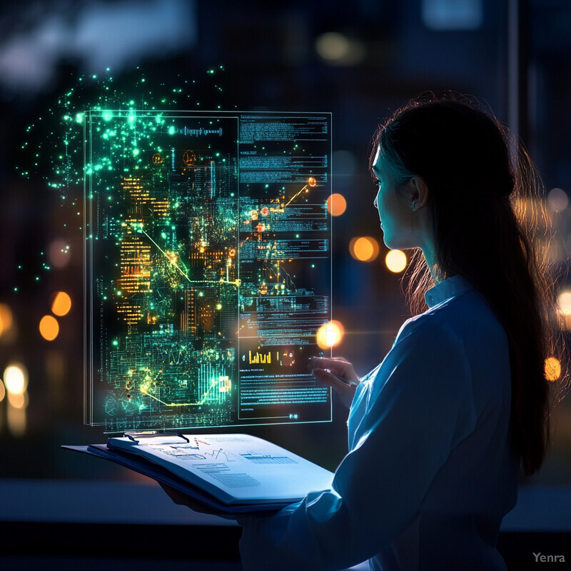 A woman reviews clinical study reports on her iPad in a cityscape at night.