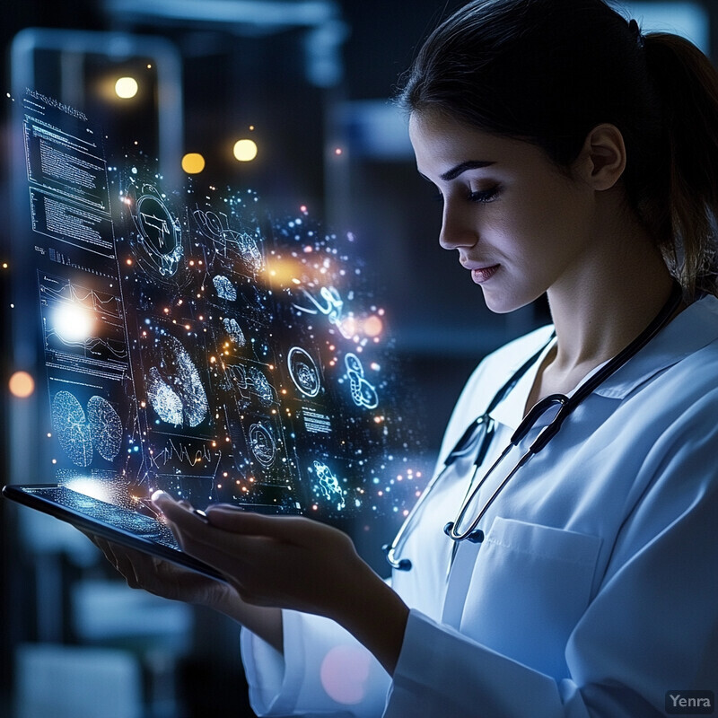 A woman in a white lab coat holds a tablet with medical images on the screen, surrounded by a blue background.