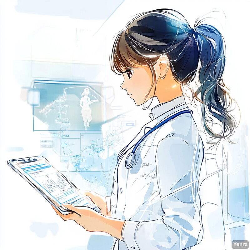 An illustration of a woman with dark hair and a white lab coat holding a tablet.