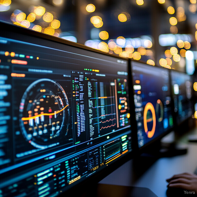 A person is intently working at a computer station with multiple monitors displaying graphs and charts.