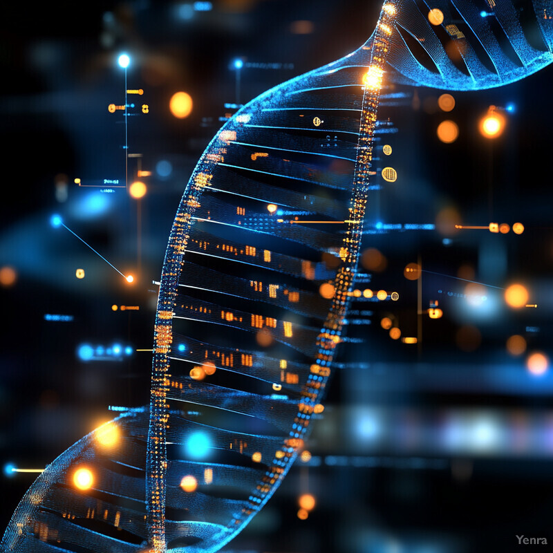 The image shows a detailed representation of a DNA strand, highlighting the double helix structure and its components.