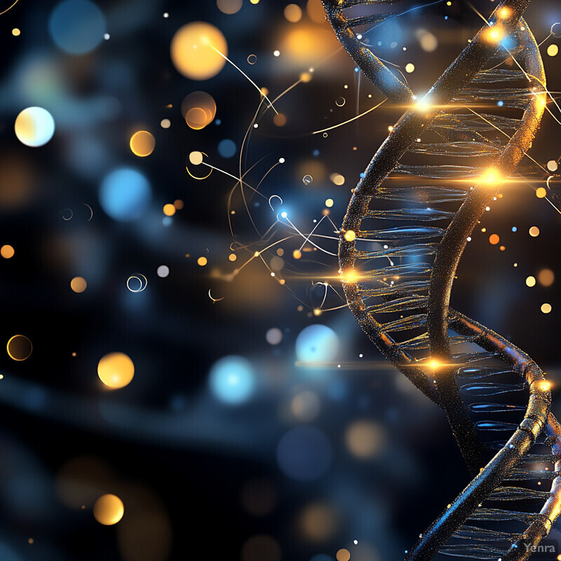 A DNA double helix structure in gold and blue hues is prominently displayed against a dark background with light blue and yellow accents.