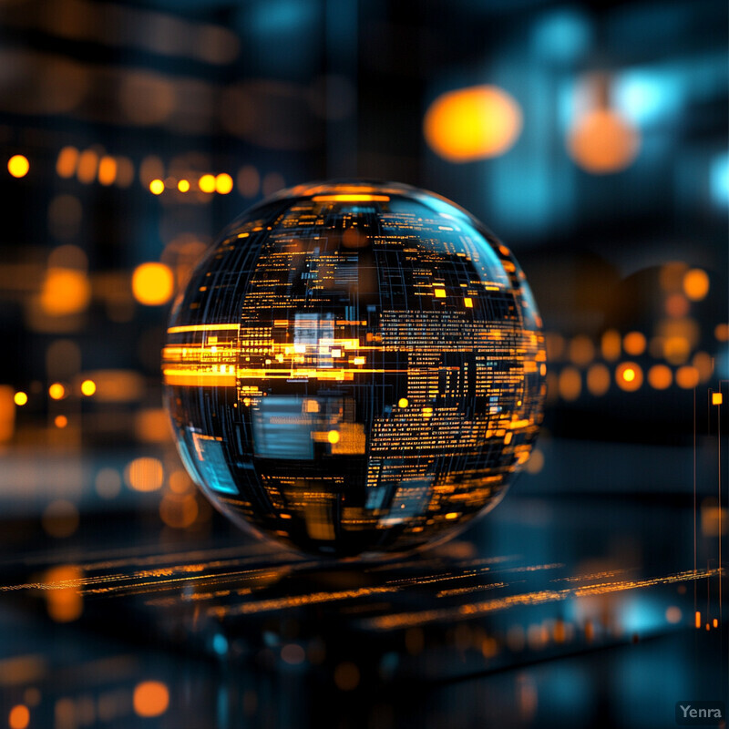 A futuristic image depicting a globe composed of geometric shapes, with glowing lines and orbs representing data flows.