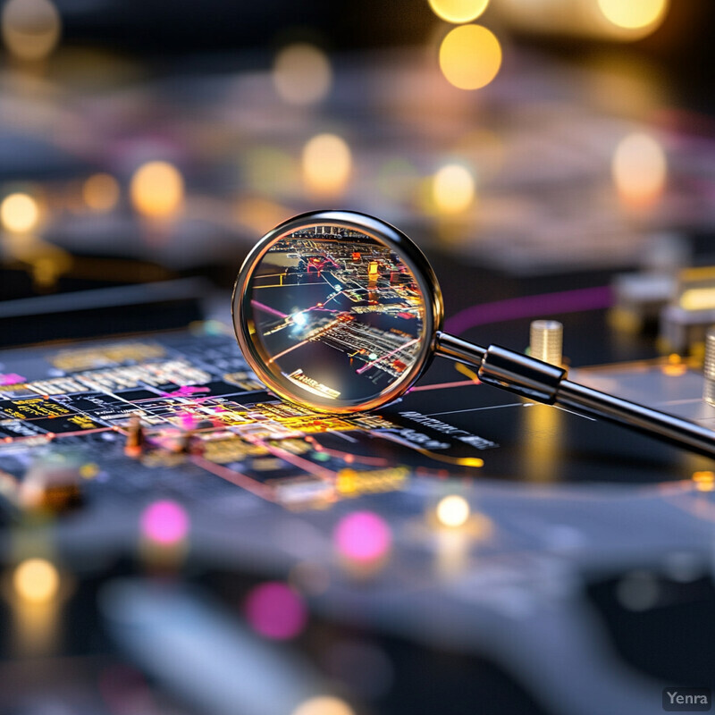 A magnifying glass is placed on top of a circuit board, highlighting the details of the electronic components.