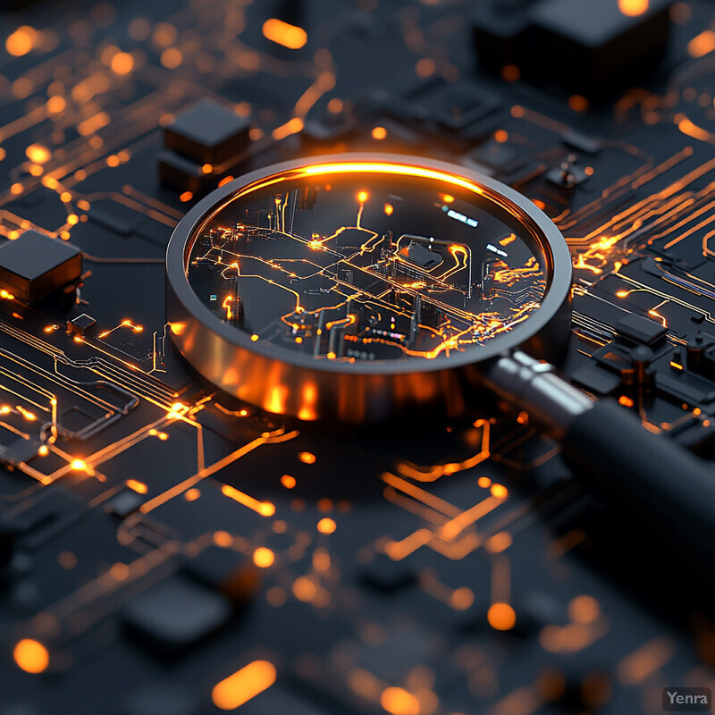 A close-up view of a circuit board with a magnifying glass highlighting a specific area.