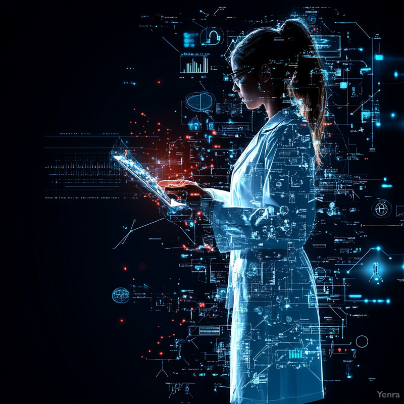 A woman in a lab coat holds a tablet with a glowing blue light, surrounded by symbols and diagrams in a dark room.