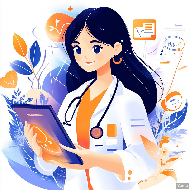 A young woman in a white lab coat holding a tablet with an orange circle on its screen.