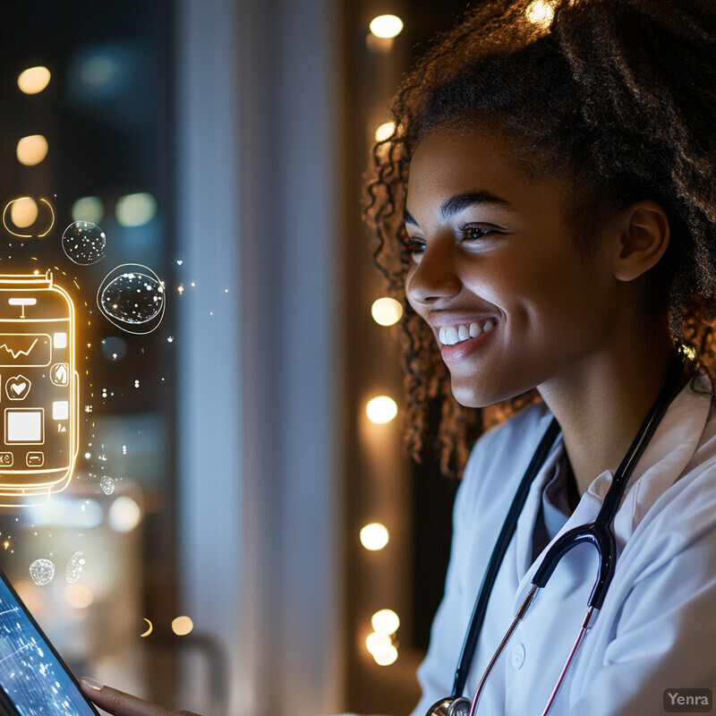 A woman in a white lab coat smiles while holding a tablet, likely in an office setting.