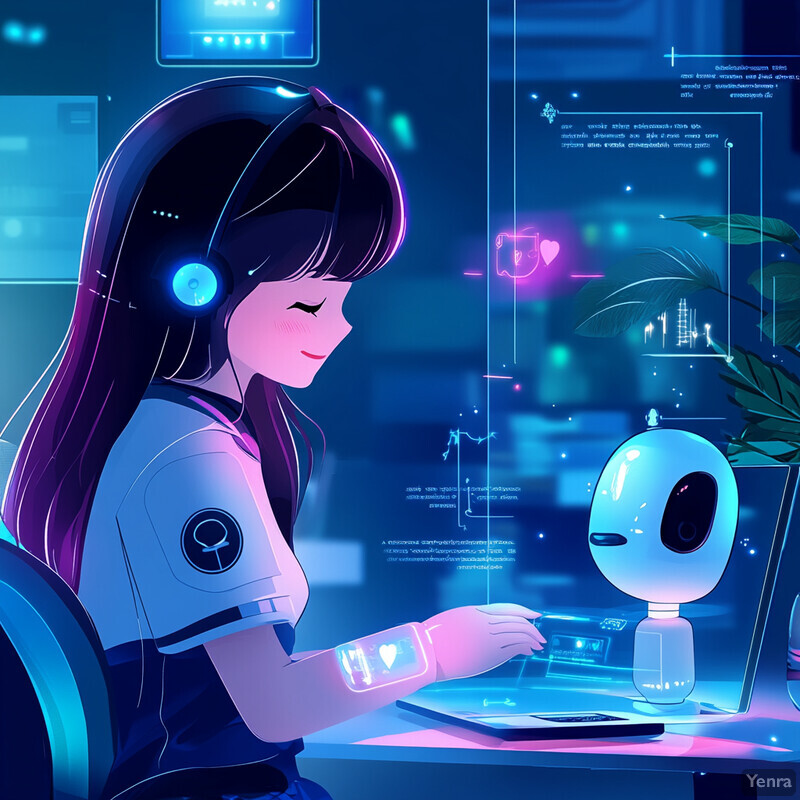 A young girl is working on a project involving robotics and artificial intelligence in a laboratory or workshop setting.